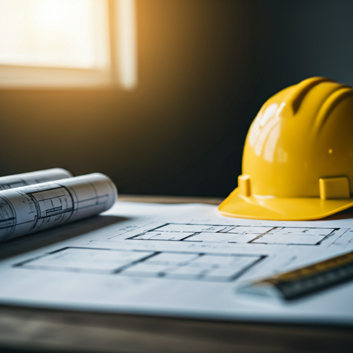Architectural blueprints unrolled on a wooden desk with a hardhat.