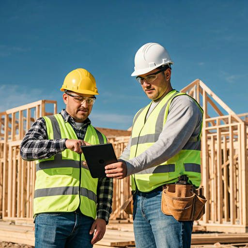 Construction workers examining plans.