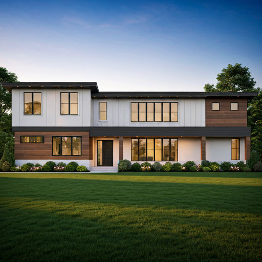 A beautiful, newly constructed modern custom home exterior in a sunny suburban neighborhood.